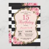 Floral Pink Peonies 15th Birthday Party Invitation Kaart (Voorkant / Achterkant)