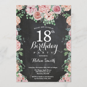 Floral Pink Peonies 18th Birthday Chalkboard Kaart
