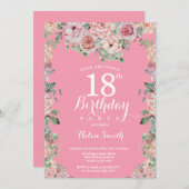 Floral Pink Peonies 18th Birthday Invitation Kaart (Voorkant / Achterkant)