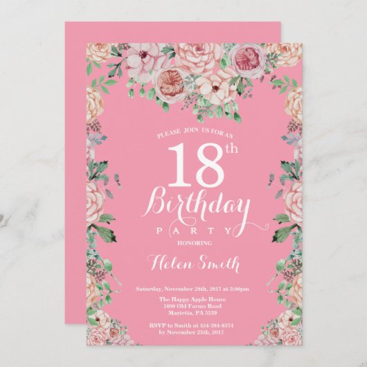 Floral Pink Peonies 18th Birthday Invitation Kaart (Voorkant / Achterkant)