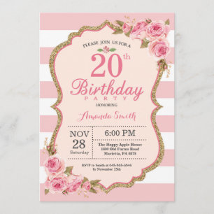 Floral Pink Peonies 20th Birthday Party Invitation Kaart