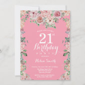 Floral Pink Peonies 21st Birthday Invitation Kaart (Voorkant)