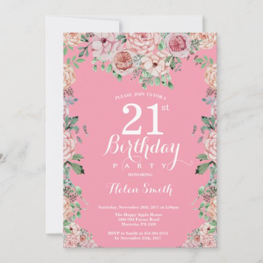 Floral Pink Peonies 21st Birthday Invitation Kaart (Voorkant)