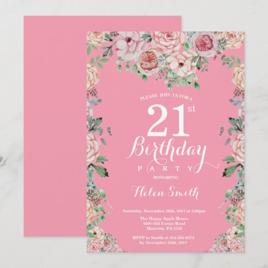 Floral Pink Peonies 21st Birthday Invitation Kaart (Voorkant / Achterkant)