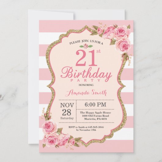 Floral Pink Peonies 21st Birthday Party Invitation Kaart (Voorkant)