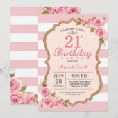 Floral Pink Peonies 21st Birthday Party Invitation Kaart (Voorkant / Achterkant)