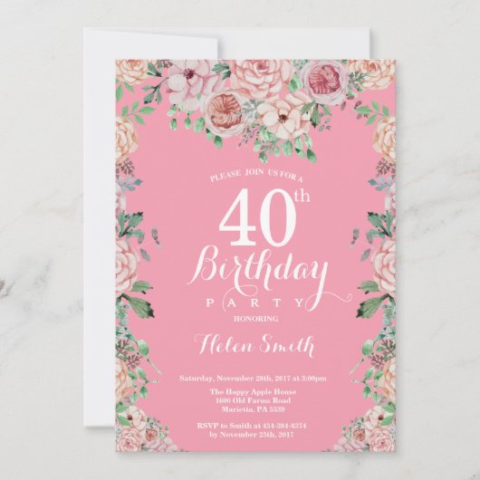 Floral Pink Peonies 40th Birthday Invitation Kaart (Voorkant)