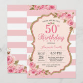 Floral Pink Peonies 50th Birthday Party Invitation Kaart (Voorkant / Achterkant)
