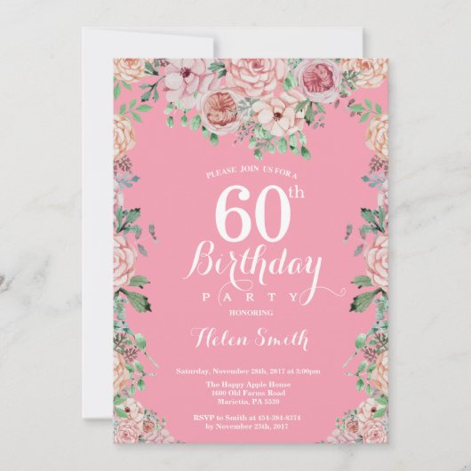Floral Pink Peonies 60th Birthday Invitation Kaart (Voorkant)