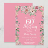 Floral Pink Peonies 60th Birthday Invitation Kaart (Voorkant / Achterkant)
