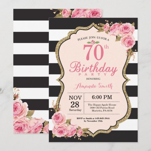 Floral Pink Peonies 70th Birthday Party Invitation Kaart (Voorkant / Achterkant)