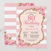 Floral Pink Peonies 80th Birthday Party Invitation Kaart (Voorkant / Achterkant)