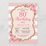 Floral Pink Peonies 80th Birthday Party Invitation Kaart<br><div class="desc">Floral Pink Peonies 80th Birthday Party Invitation for women. Gold Glitter. Blush Waterverf Floral Flower Chic. Roze en witte strepen. 13e 15e 16e 18e 21e 30e 40e 50e 60e 70e 90e 100e, Alle leeftijden. Afdrukbaar digitaal. Voor verdere aanpassing, te klikken gelieve de knoop "van de Aanpassing het"en ons ontwerphulpmiddel te...</div>