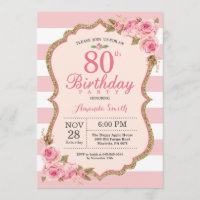 Floral Pink Peonies 80th Birthday Party Invitation