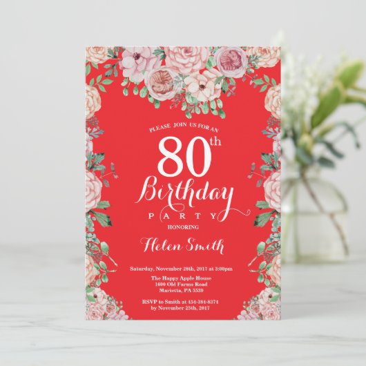 Floral Pink Peonies 80th Birthday Red Kaart (Staand voorkant)