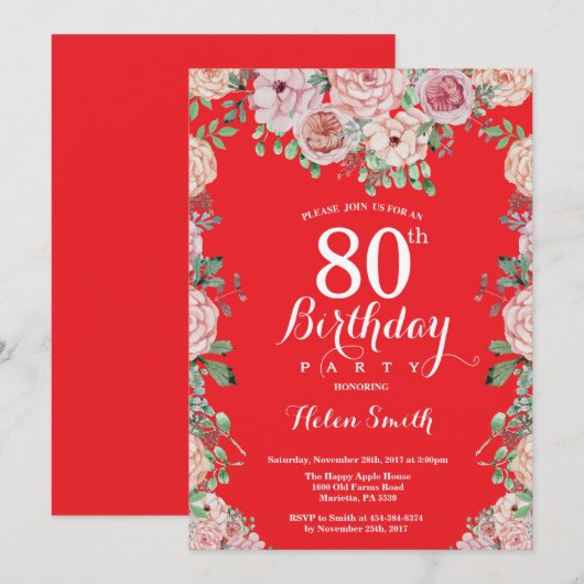 Floral Pink Peonies 80th Birthday Red Kaart (Voorkant / Achterkant)
