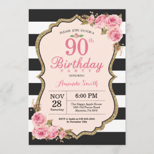 Floral Pink Peonies 90th Birthday Party Invitation Kaart