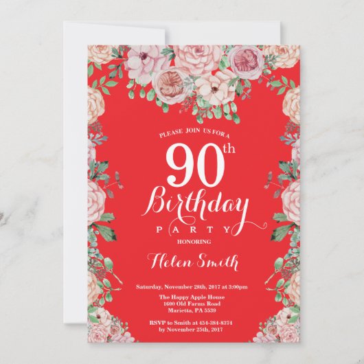Floral Pink Peonies 90th Birthday Red Invitation Kaart (Voorkant)