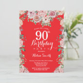 Floral Pink Peonies 90th Birthday Red Invitation Kaart (Staand voorkant)