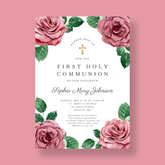 Floral Pink Peonies Girl Eerste Communie Kaart