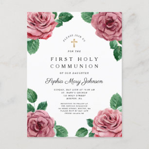 Floral Pink Peonies Girl Eerste Communie Uitnodiging Briefkaart