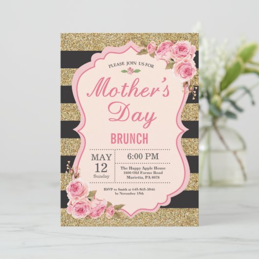 Floral Pink Peonies Moederdag Brunch Uitnodiging (Staand voorkant)