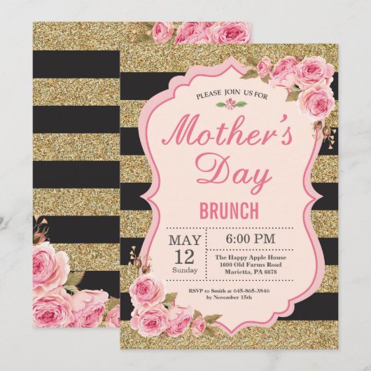 Floral Pink Peonies Moederdag Brunch Uitnodiging (Voorkant / Achterkant)