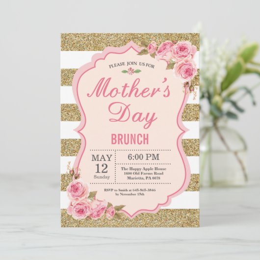 Floral Pink Peonies Moederdag Brunch Uitnodiging (Staand voorkant)