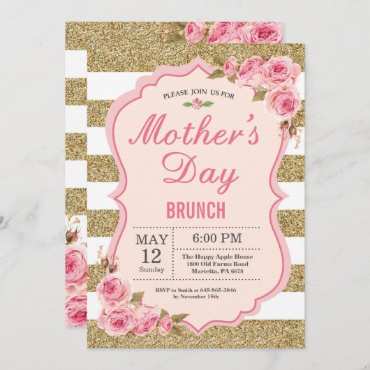 Floral Pink Peonies Moederdag Brunch Uitnodiging (Voorkant / Achterkant)