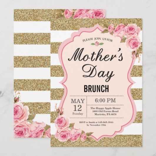 Floral Pink Peonies Moederdag Brunch Uitnodiging (Voorkant / Achterkant)