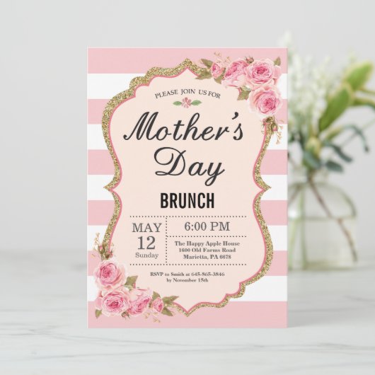 Floral Pink Peonies Moederdag Brunch Uitnodiging (Staand voorkant)