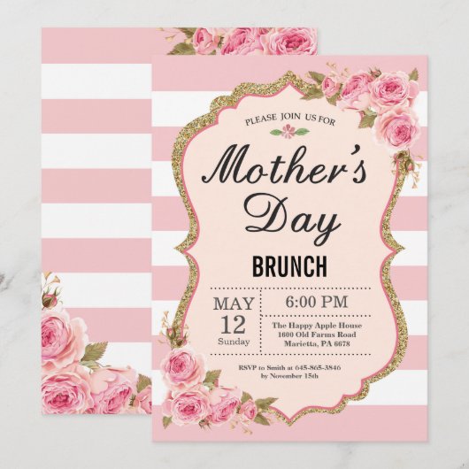 Floral Pink Peonies Moederdag Brunch Uitnodiging (Voorkant / Achterkant)