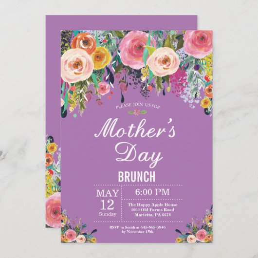 Floral Pink Peonies Moederdag Brunch Uitnodiging (Voorkant / Achterkant)
