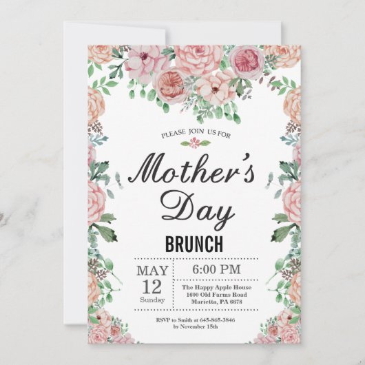Floral Pink Peonies Moederdag Brunch Uitnodiging (Voorkant)