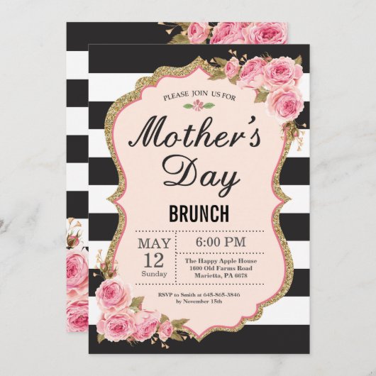 Floral Pink Peonies Moederdag Brunch Uitnodiging (Voorkant / Achterkant)