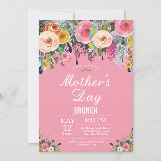 Floral Pink Peonies Moederdag Brunch Uitnodiging (Voorkant)