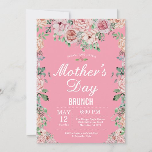 Floral Pink Peonies Moederdag Brunch Uitnodiging (Voorkant)