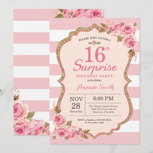 Floral Pink Peonies Surprise 16th Birthday Party Kaart (Voorkant / Achterkant)