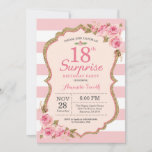 Floral Pink Peonies Surprise 18th Birthday Party Kaart<br><div class="desc">Floral Pink Peonies Surprise 18th Birthday Party Invitation for women. Gold Glitter. Blush Waterverf Floral Flower Chic. Roze en witte strepen. 13e 15e 16e 18e 21e 30e 40e 50e 60e 70e 90e 100e, Alle leeftijden. Afdrukbaar digitaal. Voor verdere aanpassing, te klikken gelieve de knoop "van de Aanpassing het"en ons ontwerphulpmiddel...</div>