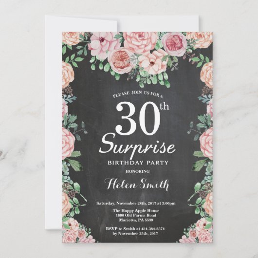 Floral Pink Peonies Surprise 30th Birthday Kaart (Voorkant)