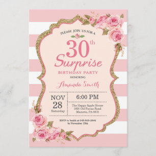 Floral Pink Peonies Surprise 30th Birthday Party Kaart