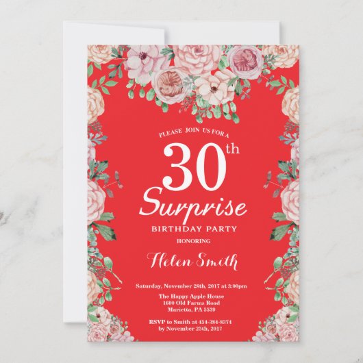 Floral Pink Peonies Surprise 30th Birthday Red Kaart (Voorkant)