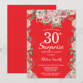 Floral Pink Peonies Surprise 30th Birthday Red Kaart (Voorkant / Achterkant)