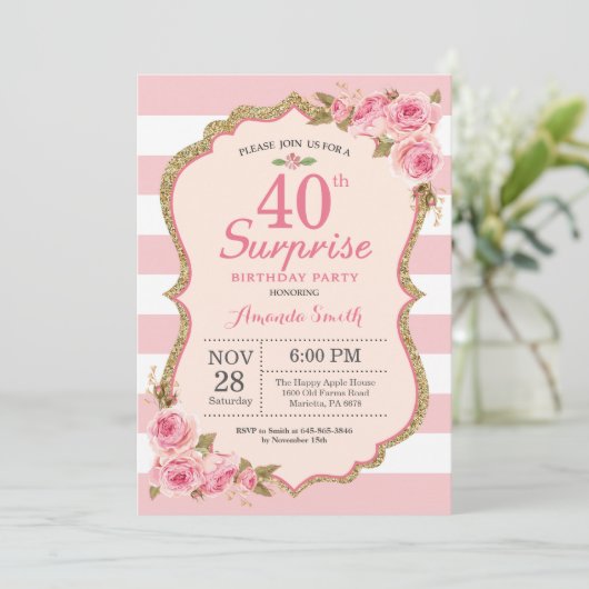 Floral Pink Peonies Surprise 40th Birthday Party Kaart (Staand voorkant)