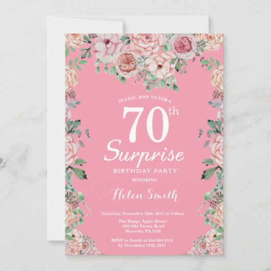 Floral Pink Peonies Surprise 70th Birthday Kaart (Voorkant)