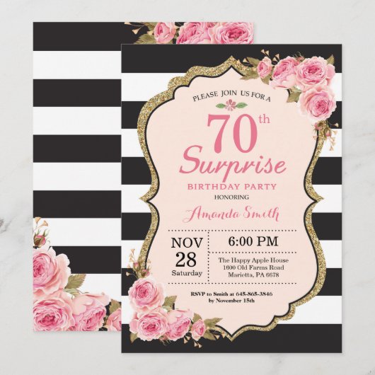 Floral Pink Peonies Surprise 70th Birthday Party Kaart (Voorkant / Achterkant)