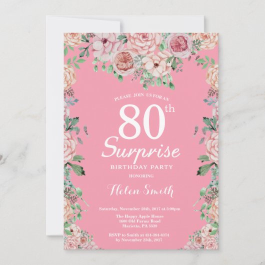 Floral Pink Peonies Surprise 80th Birthday Kaart (Voorkant)