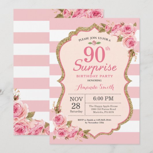 Floral Pink Peonies verrassend 90e verjaardag Kaart (Voorkant / Achterkant)