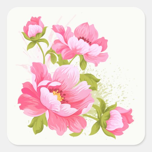 Floral Pink Peonies Vloerkleppen Vierkante Sticker (Voorkant)