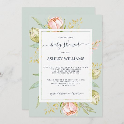 Floral Pink Peony Rustic Boho Blue Baby shower Kaart (Voorkant / Achterkant)